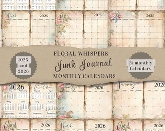 Calendario mensual Floral Whispers Junk Journal 2025 y 2026, páginas de calendario vintage - Planificador imprimible, descarga digital, efímero FW001