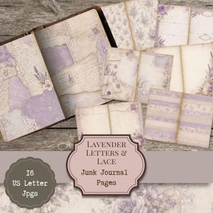 May include: A collection of sixteen digital junk journal pages featuring lavender and lace motifs, vintage script, floral illustrations, and lined paper textures. The pages display soft purple and cream tones with decorative borders and text.