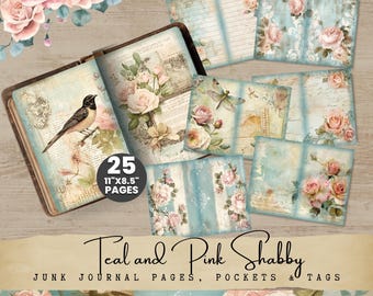Páginas de diario estilo shabby chic en tonos verde azulado y rosa, bolsillos, etiquetas, efímeros florales vintage, kit de papel digital para álbum de recortes imprimible, descarga instantánea TPO01