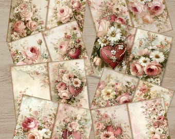 Pagine di diario di San Valentino vintage - Collage di cuori floreali rosa stampabili SV001