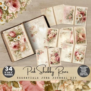 May include: A vintage-style junk journal kit with a floral theme. The kit includes pages, covers, and tags. The pages measure 27.9 cm x 21.6 cm and feature pink roses and other flowers. The text on the image says "Pink Shabby Roses Essentials Junk Journal Kit."