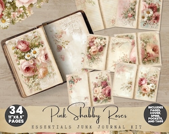 Junk Journal Kit: Pink Shabby Roses - Printable Vintage Floral Set SV001
