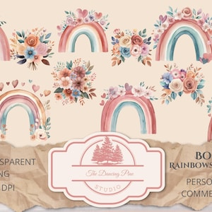 Rainbows and Flowers Clipart | Watercolor Rainbow | Boho  Style| Printable Clipart | Boho Clipart | Nursery Decor| Floral Rainbow | Download