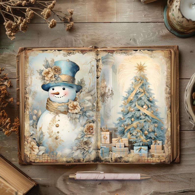 Vintage Christmas Blue Gold Junk Journal - Printable Pages - Digital ...