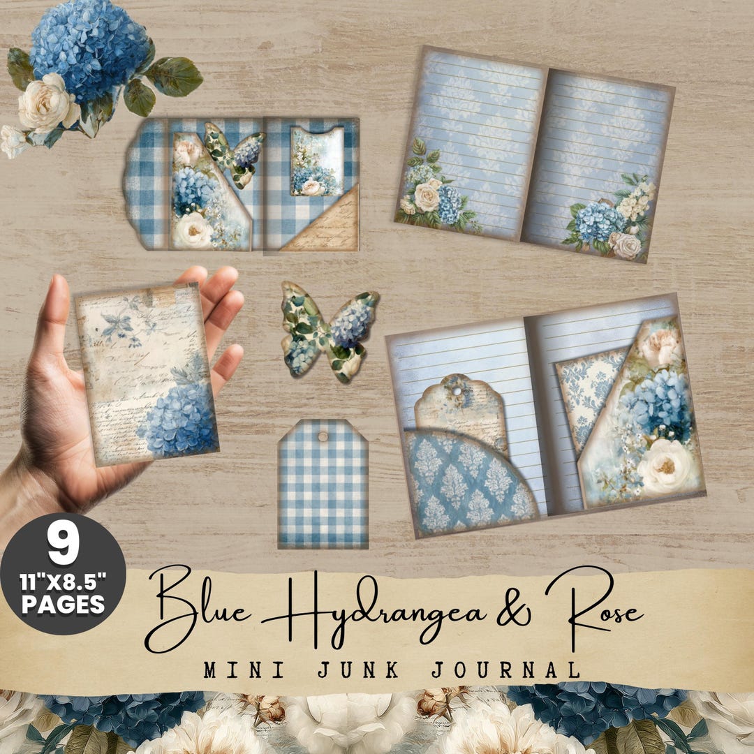 Mini Junk Journal Kit Blue Hydrangea and Roses Printable Vintage ...