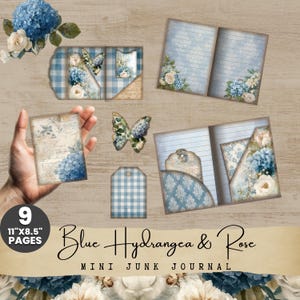 May include: A collection of paper ephemera with a floral theme. The set includes a mini junk journal, tags, and decorative elements featuring blue hydrangeas and roses. The journal measures 11" x 8.5" and has 9 pages. A butterfly and a pocket are also included.