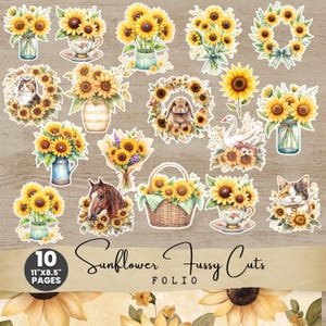 Peut inclure: Une collection de découpes de tournesols. Les images incluent des tournesols dans des vases, des tasses à thé, des couronnes et des bouquets. D'autres images incluent un chat, un lapin, un cheval et un cygne. Le texte sur l'image indique "10 11"X8.5" PAGES Sunflower Fussy Cuts FOLIO".