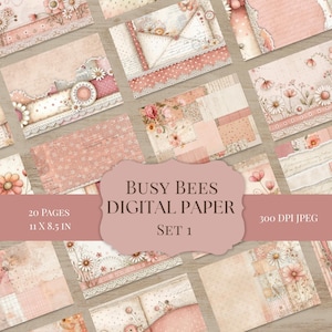 Op de afbeelding: Een verzameling digitale papieren vellen in zachte roze en crèmetinten, met bloemen- en kanten ontwerpen. De set bevat 20 pagina's, elk 27,9 x 21,6 cm, met de tekst "Busy Bees Digital Paper Set 1".