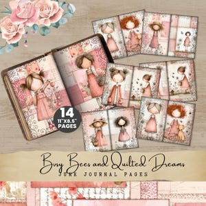 Puede incluir: Una colección de páginas de diario basura "Busy Bees and Quilted Dreams". El conjunto incluye un diario con 14 páginas, cada una de 28 cm x 22 cm, y varias tarjetas individuales. Las ilustraciones presentan chicas con vestidos rosas.