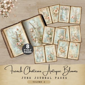 Sage Green and Peach Printable Junk Journal Pages, French Château Antique Blooms Vol. 2, Vintage Floral Digital Paper, Shabby Chic Kit AB001