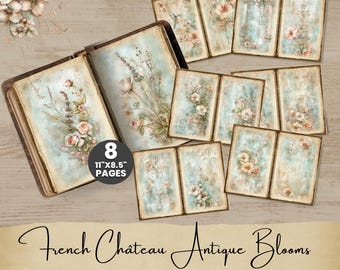 Sage Green and Peach Printable Junk Journal Pages, French Château Antique Blooms Vol. 2, Vintage Floral Digital Paper, Shabby Chic Kit AB001