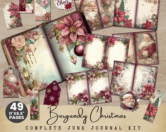 Junk Journal Kit: Burgundy Christmas Ephemera (Vintage Santa & Poinsettia) BC001
