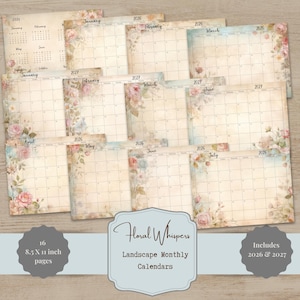 Może przedstawiać: Zestaw 16 miesięcznych kalendarzy krajobrazowych, 21,6 x 27,9 cm, z kwiatowymi wzorami. Kalendarze obejmują lata 2026 i 2027. Projekt charakteryzuje się estetyką vintage z miękkimi kolorami i kwiatowymi akcentami.