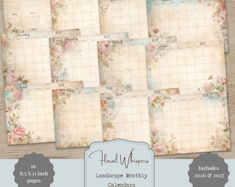 Afdrukbare maandkalender 2026 en 2027: vintage bloemenontwerp - liggende lay-out FW001