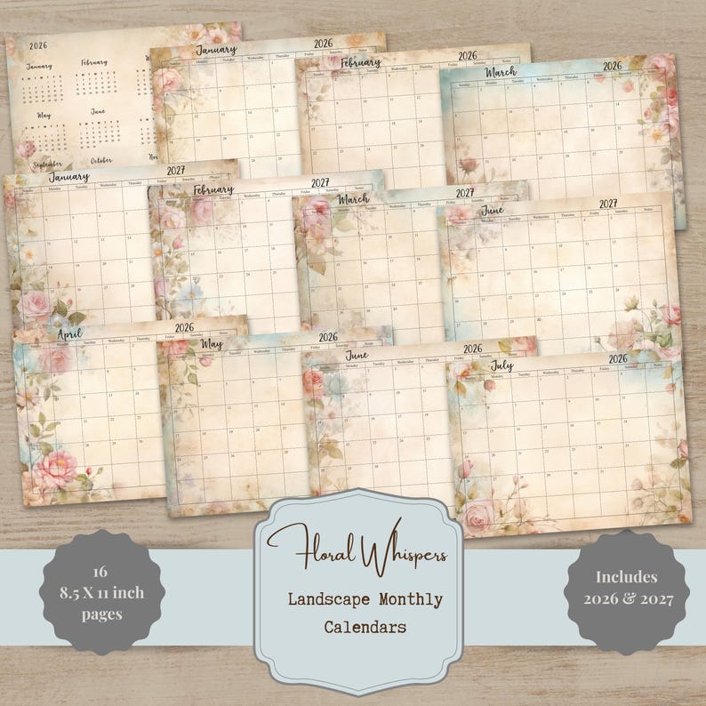 The image is a collection of 12 landscape monthly planners, each with a floral design and a grid layout. The planners are arranged in a grid pattern, with each one containing a different month. The planners are labeled with the years 2016, 2017, 2018, 2019, 2020, and 2021. The image also includes a description of the planners, stating that they are "Floral Whippers Landscape Monthly Calendars" and that they include "2016" and "2017" pages.