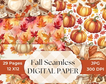 Könnte beinhalten: Eine Sammlung digitaler Papiere zum Thema Herbst. Die Designs umfassen Kürbisse, Ahornblätter, Sonnenblumen, Vogelscheuchen und Tassen heiße Schokolade. Der Text auf dem Bild lautet "Fall Seamless Digital Paper" und "29 Pages 12 X12 JPG 300 DPI".