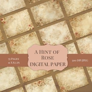 May include: A collection of digital paper sheets with a vintage aesthetic. Each sheet features a cream-colored background with floral and ornamental designs in shades of brown and pink. The text "A Hint of Rose Digital Paper" is displayed on a pink banner. The paper size is 11 x 8.5 inches.