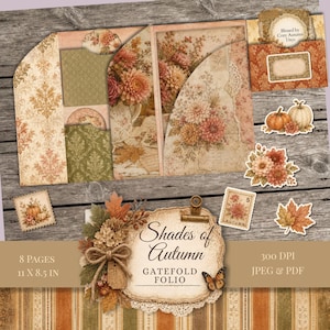 May include: A digital scrapbooking kit titled Shades of Autumn Gatefold Folio featuring 8 pages at 11 by 8.5 inches. The set includes floral patterned papers, pumpkin die-cuts, a butterfly, postage stamp graphics, and a tag with the text Blessed by Cozy Autumn Days.