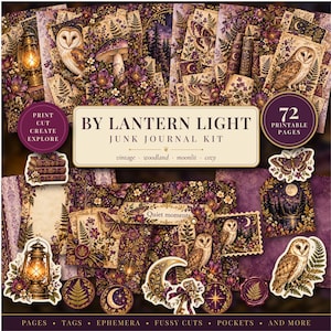 Puede incluir: Un kit de junk journal By Lantern Light con 72 páginas imprimibles en tonos morados y dorados con motivos forestales. Incluye ilustraciones de búhos, linternas, setas, polillas, lunas y llaves, junto con etiquetas, efímera y bolsillos.