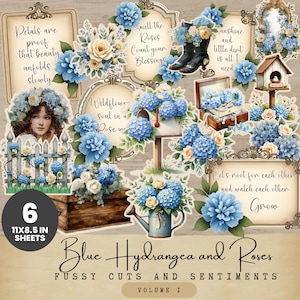 Puede incluir: Un collage de elementos florales con hortensias azules y rosas. Incluye citas enmarcadas, un retrato de mujer, una pajarera y una regadera. El texto dice "Blue Hydrangea and Roses" y "Fussy Cuts and Sentiments". Las hojas miden 27,9 x 21,6 cm.
