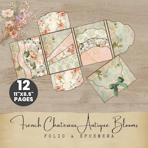 以下が含まれることがあります： 花柄とアンティークデザインのペーパークラフトプロジェクト。折り畳まれた箱、緑のリボンが付いた封筒、そして「French Chateaux Antique Blooms」のテキストが含まれています。プロジェクトは27.9cm x 21.6cmのページで構成されています。