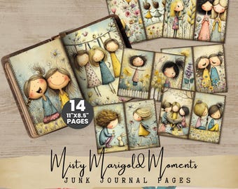 Pode incluir: Um conjunto de páginas de diário de lixo "Misty Marigold Moments", volume 3, com ilustrações caprichosas de meninas em estilo vintage. As páginas medem 28 cm x 21,6 cm e apresentam vários designs com elementos florais e naturais.