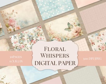 Papel digital floral con fondos estilo vintage shabby chic, 30 páginas FW001