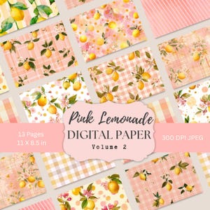 Paquet de papier numérique limonade rose pour journaux indésirables, cartes de scrapbooking, créations manuelles, 13 arrière-plans imprimables motif citron JPG téléchargement immédiat