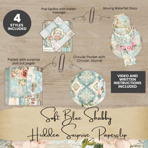 Mjukblå Shabby Hidden Surprise Gem Junk Journal Utskrivbar, 4 stilar med instruktioner, DIY Ephemera Kit för Journaler SB001