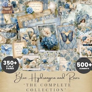 May include: A digital scrapbook collection with blue hydrangea and rose designs. The collage includes floral illustrations, butterflies, and vintage papers. Text includes "Blue Hydrangea and Roses" and "The Complete Collection". The pages are 27.9 cm x 21.6 cm.