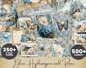 Blue Hydrangea and Roses Junk Journal Complete Kit Printable Folio Ephemera Clipart BH001