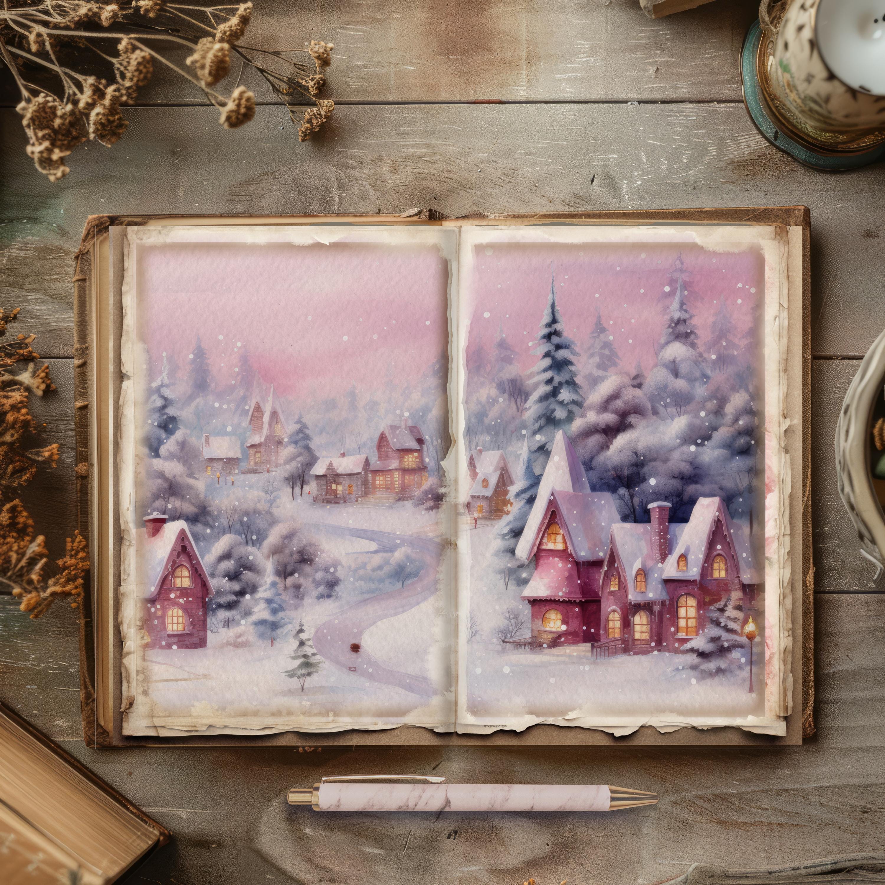Pink Christmas Junk Journal Pages - Winter Village -digital Download ...