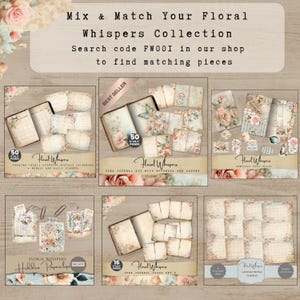 The image is a collage of six images featuring floral designs and text related to floral Whisperers, a collection of floral-themed items such as notebooks, planners, and other stationery.