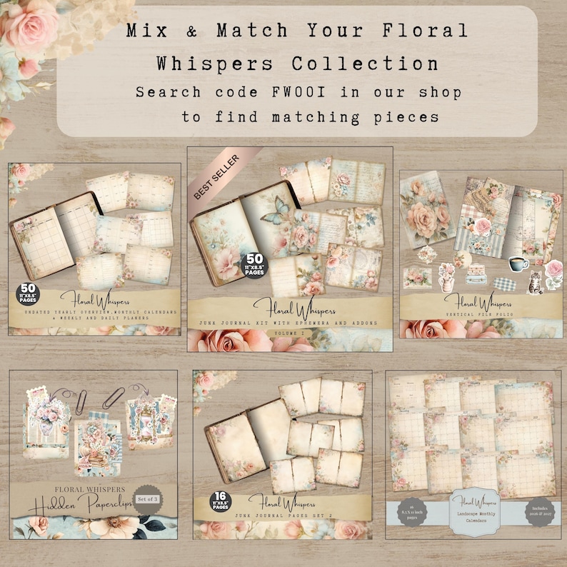 The image is a collage of six images featuring floral designs and text related to floral Whisperers, a collection of floral-themed items such as notebooks, planners, and other stationery.