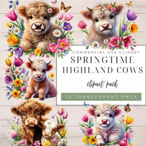 Springtime Highland Cow Clipart - Set of 10 Watercolor Baby Cows with Florals for DIY Projects and Junk Journals and paper craft - Download