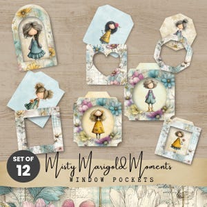 May include: A set of 12 "Misty Marigold Moments" window pockets. Each pocket features a whimsical illustration of a girl with floral and vintage-style backgrounds. The pockets come in various shapes, including a heart and a circle.