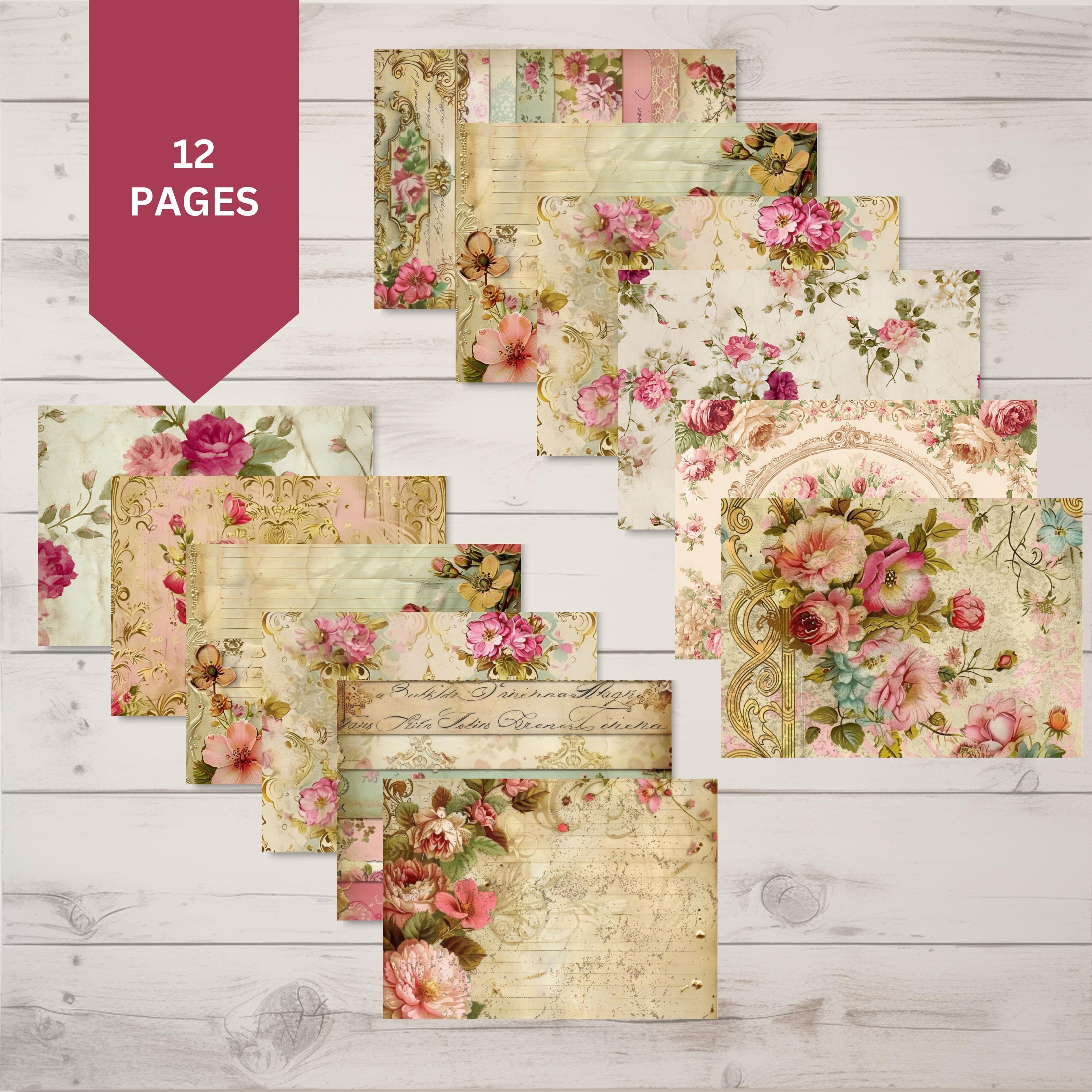 Shabby Chic Rose Digital Paper, Vintage Floral Junk Journal Pages, 12 ...