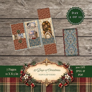 May include: A 12 Days of Christmas flip flap folio digital craft kit featuring a tri-fold card design with red floral, blue damask, and winter scene patterns. Includes a separate rectangular card, a decorative title plaque, and text stating 7 Pages, 11 x 8.5 in, 300 DPI, JPEG & PDF.