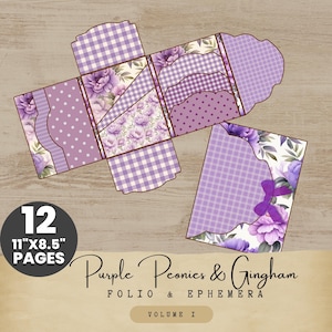 Kit de diário de guingão com peônias roxas - Pacote de itens efêmeros para impressão de 12 páginas para fólios, etiquetas e bolsos DIY - Download digital JPEG