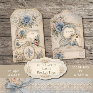 May include: Two decorative pocket tags featuring blue roses, lace patterns, and floral motifs on a cream background. The tags include text elements like 'Notes', 'Collect beautiful moments', and 'The best things in life aren't things' with a fleur-de-lis emblem.