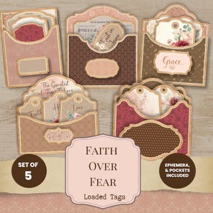 May include: A set of five decorative paper pockets containing assorted tags and ephemera with floral, polka dot, and damask patterns in shades of brown, pink, and burgundy. The text includes "Trust in Jesus", "Grace", "Faith", "Love", and "Faith Over Fear".