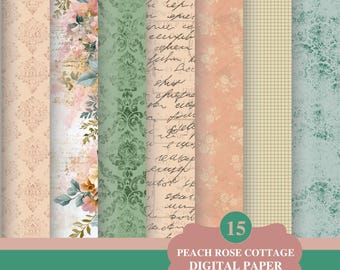 Peach Rose Digital Paper: Floral Cottagecore Printable Backgrounds