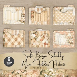 May include: A set of six mini folder pockets in soft beige tones with floral and patterned designs. The folders feature stripes, hearts, and plaid patterns. The text "Soft Beige Shabby Mini Folder Pockets Volume I" is displayed.