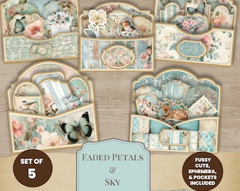 May include: A set of five decorative paper pockets and tags featuring floral patterns, butterflies, birds, and a cat. The text reads: SET OF 5, FADED PETALS & SKY, FUSSY CUTS, EPHEMERA, & POCKETS INCLUDED, LOADED TAGS. The designs use soft blue and pink tones.