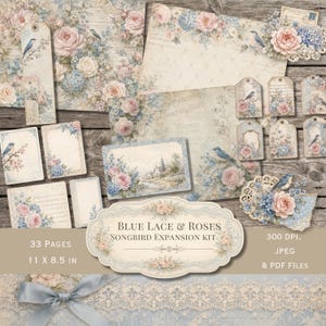 May include: A digital scrapbooking kit titled Blue Lace & Roses Songbird Expansion Kit, featuring 33 pages of floral and bird-themed paper, tags, and cards. The set includes 11 x 8.5 inch sheets with roses, blue songbirds, and lace patterns.
