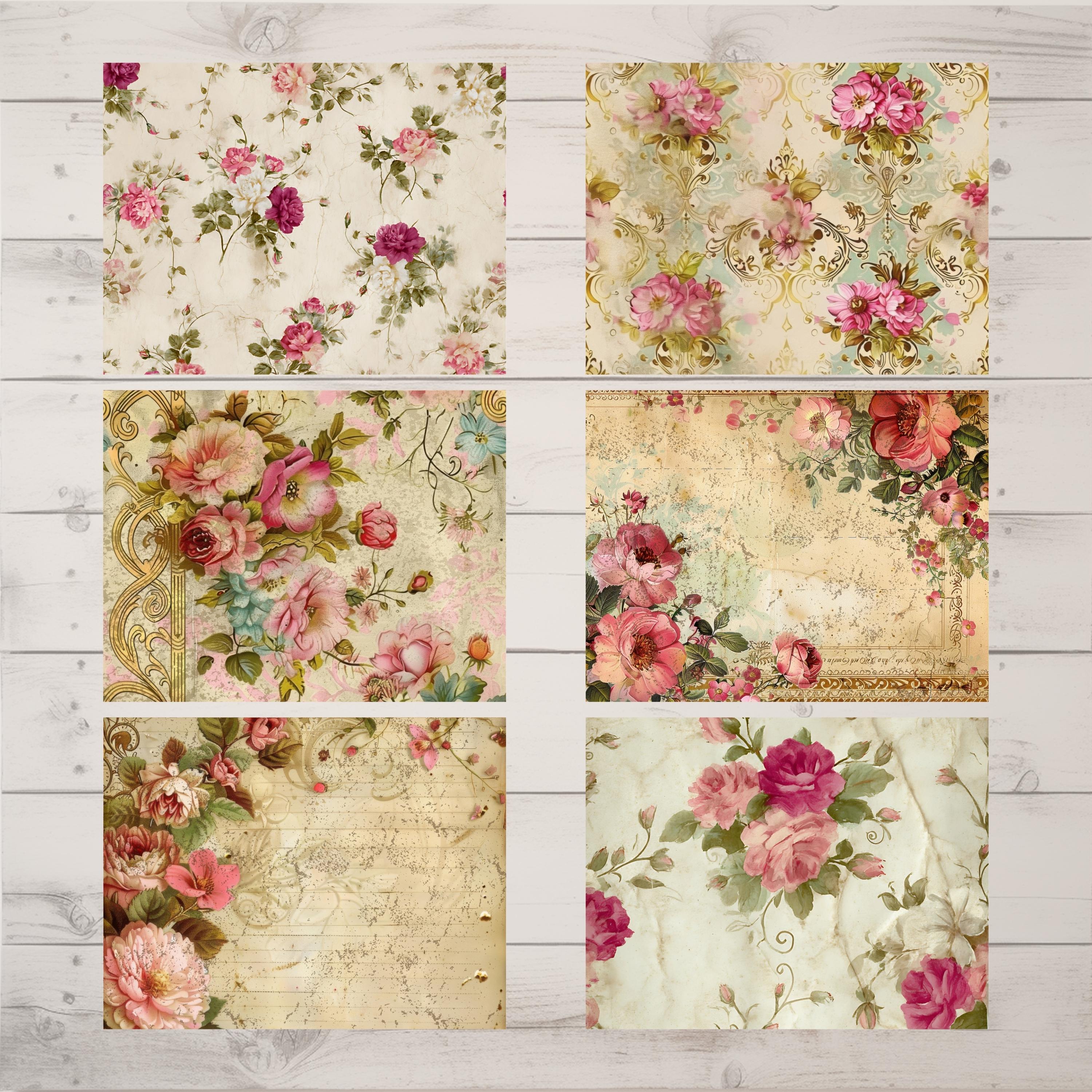Shabby Chic Rose Digital Paper, Vintage Floral Junk Journal Pages, 12 ...