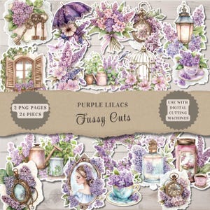 Recortes de color lila y morado para diarios basura o scrapbooking, 24 piezas (2 hojas), impresión y corte Cricut, calcomanía digital, descarga instantánea - JJ04