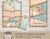 Junk Journal Mini Kit | Pockets, Tags, Words Antique Garden Blooms Printable Ephemera for Scrapbooking & Cardmaking Vintage Florals AB001