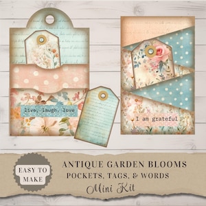 Junk Journal Kit | Taschen, Tags, Wörter Antike Gartenblüten druckbare Ephemera für Scrapbooking & Kartenherstellung Vintage Florals AB001