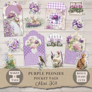 Minikit paarse pioenrozen zaktags – 4 afdrukbare zaklabels voor junkjournalen en kieskeurige snitten – kit kortstondige lavendel – 300 dpi digitale download